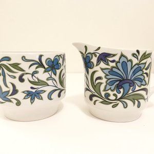 Vintage Midwinter 'Spanish Garden' Blue Flower Design Creamer And Sugar Bowl